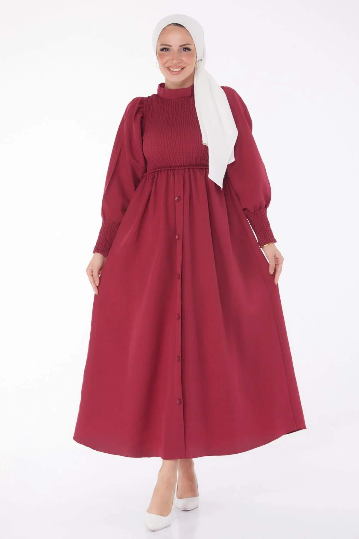 Bild von TOFİSA Burgunderrotes, Elastisches Kleid Mit Geradem Häuptlingskragen – Zum Knöpfen, Modellnummer: 13163 für Damen - 36