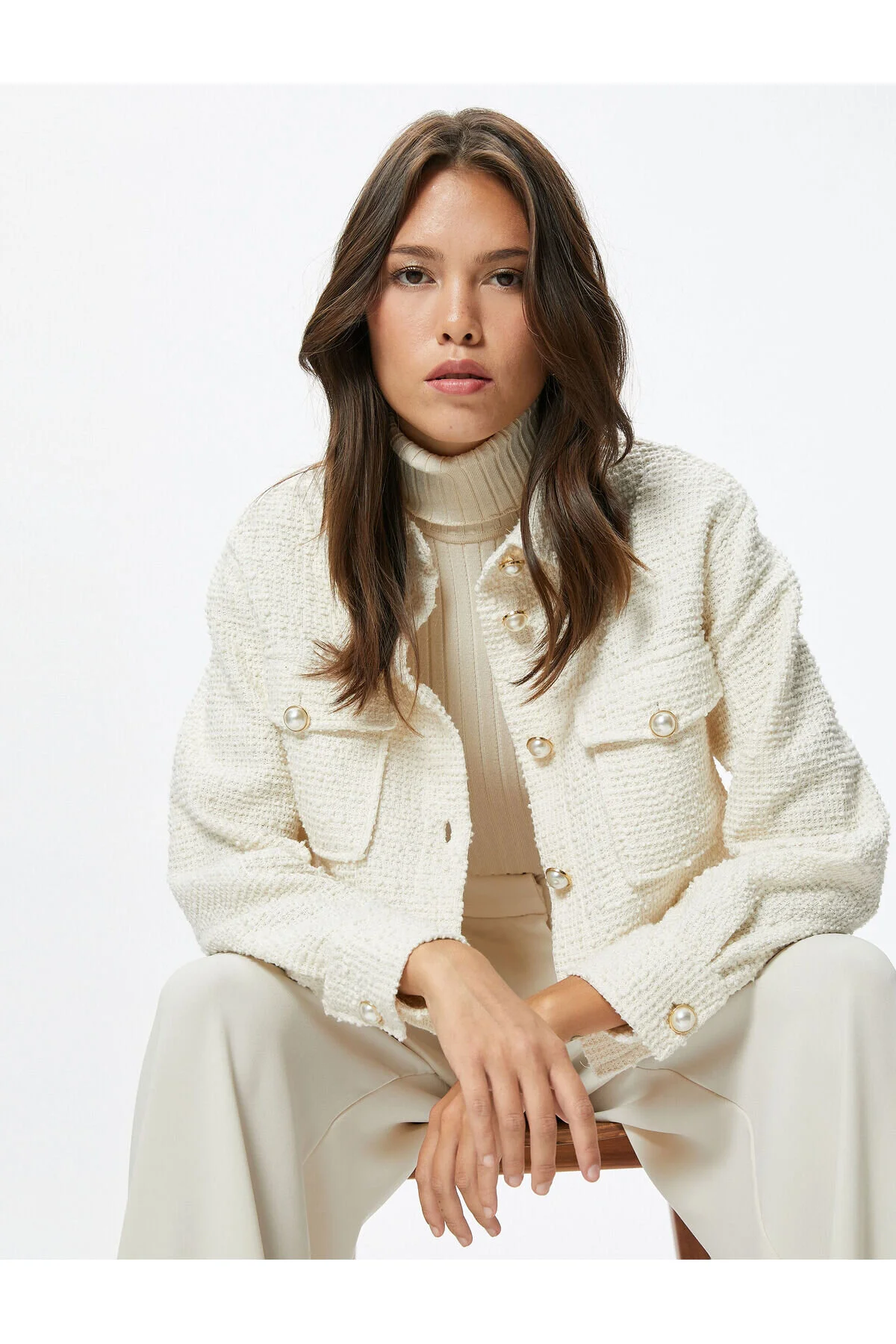 Bild von Koton Tweedjacke Mit Perlenknopfdetail Und Pattentaschen für Damen - XL