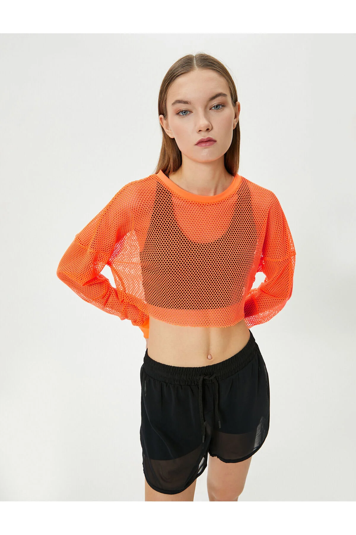 Bild von Koton Crop Mesh T-shirt Sport Langarm Rundhalsausschnitt für Damen - M