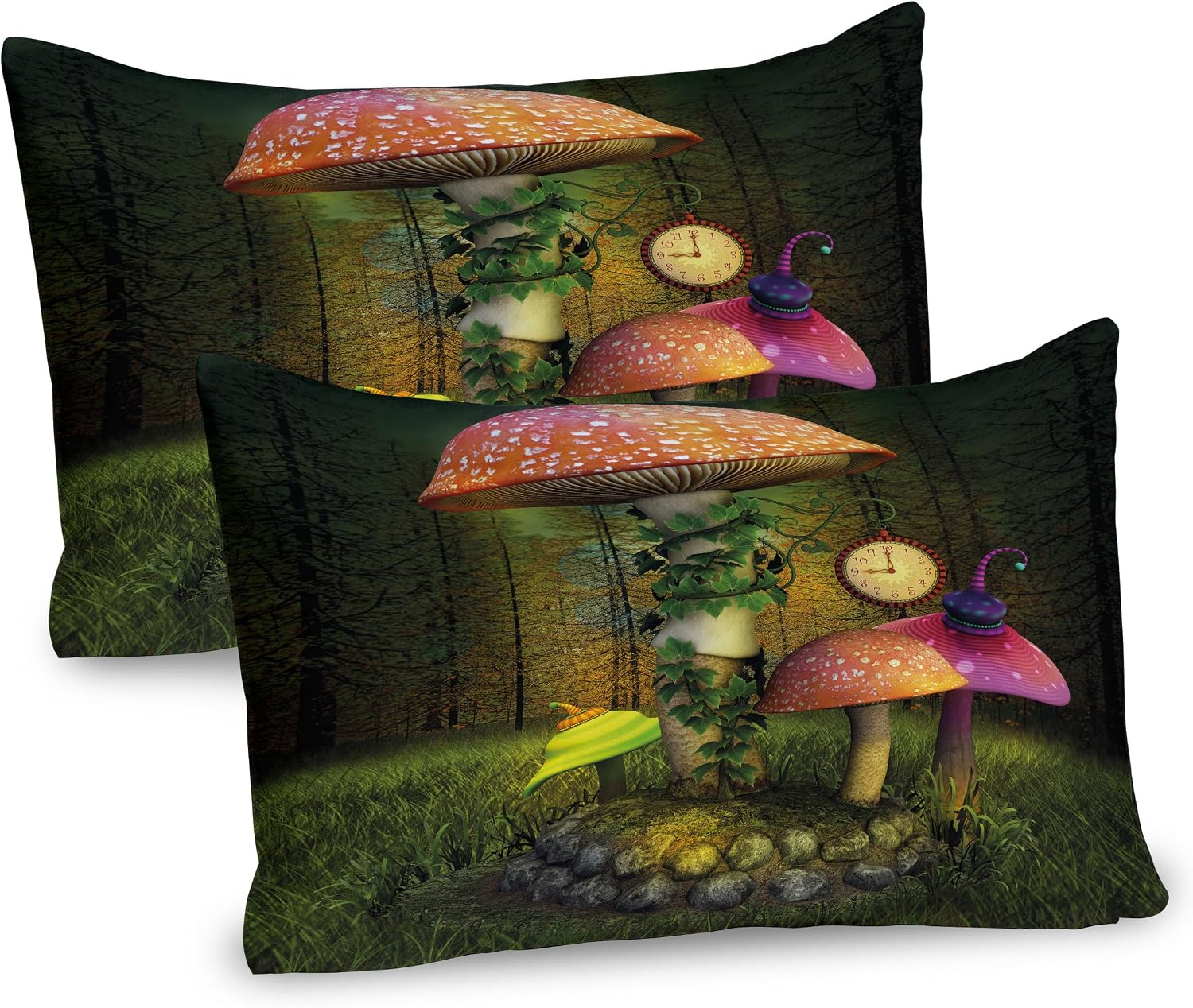 Bild von ABAKUHAUS Fantasie Kissenbezug Packung mit 2, Fiktion Forest mit riesigen Pilzen und Elfen Magical Fairytale Enchanted Image, Dekorativer Standard Gedruckter Kissenbezug, 80 x 40 cm, Grün