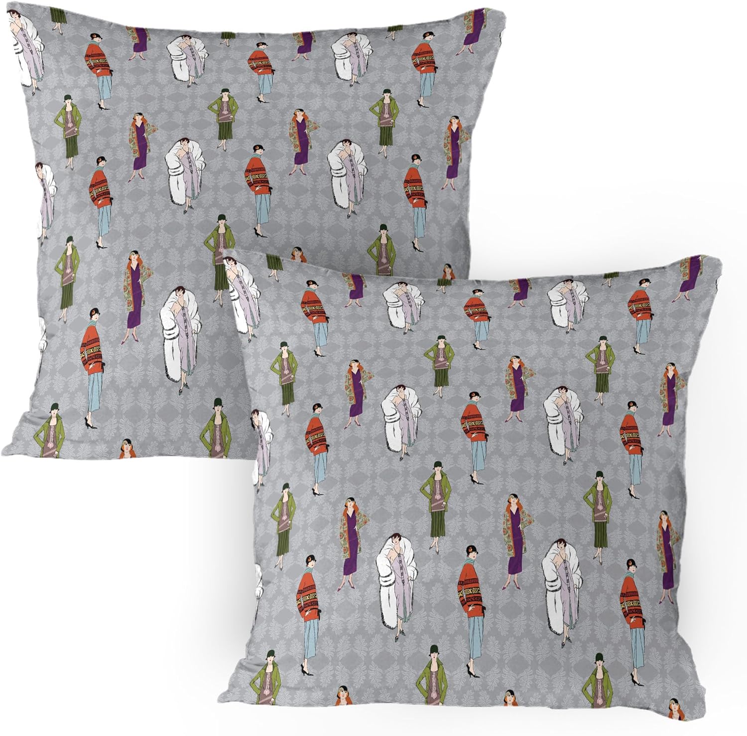 Bild von ABAKUHAUS Retro Kissenbezug Packung mit 2, "Flapper Mädchen 20er Jahre Stil Muster Retro Damenmode Party Thema Blumen Hintergrund, Dekorativer Standard Gedruckter Kissenbezug, 80 x 40 cm, Mehrfarbig
