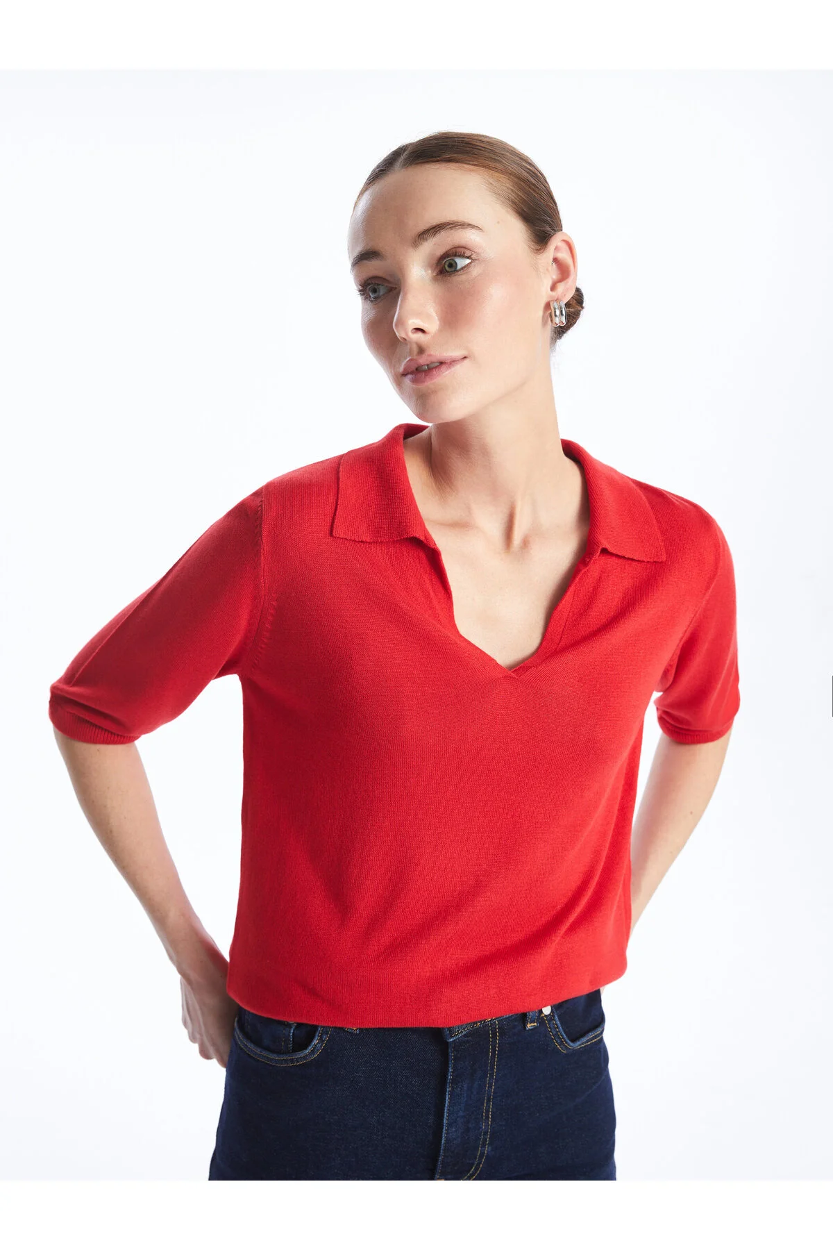 Bild von LC Waikiki Einfarbiger, Kurzärmliger Strickpullover Mit Polokragen für Damen - S
