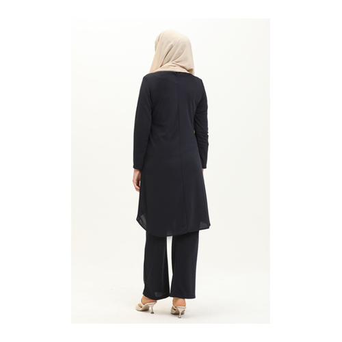 Bild von Sefamerve Marineblaues Tunika- Und Hosen-Set mit Halskette – 0704-11 für Damen