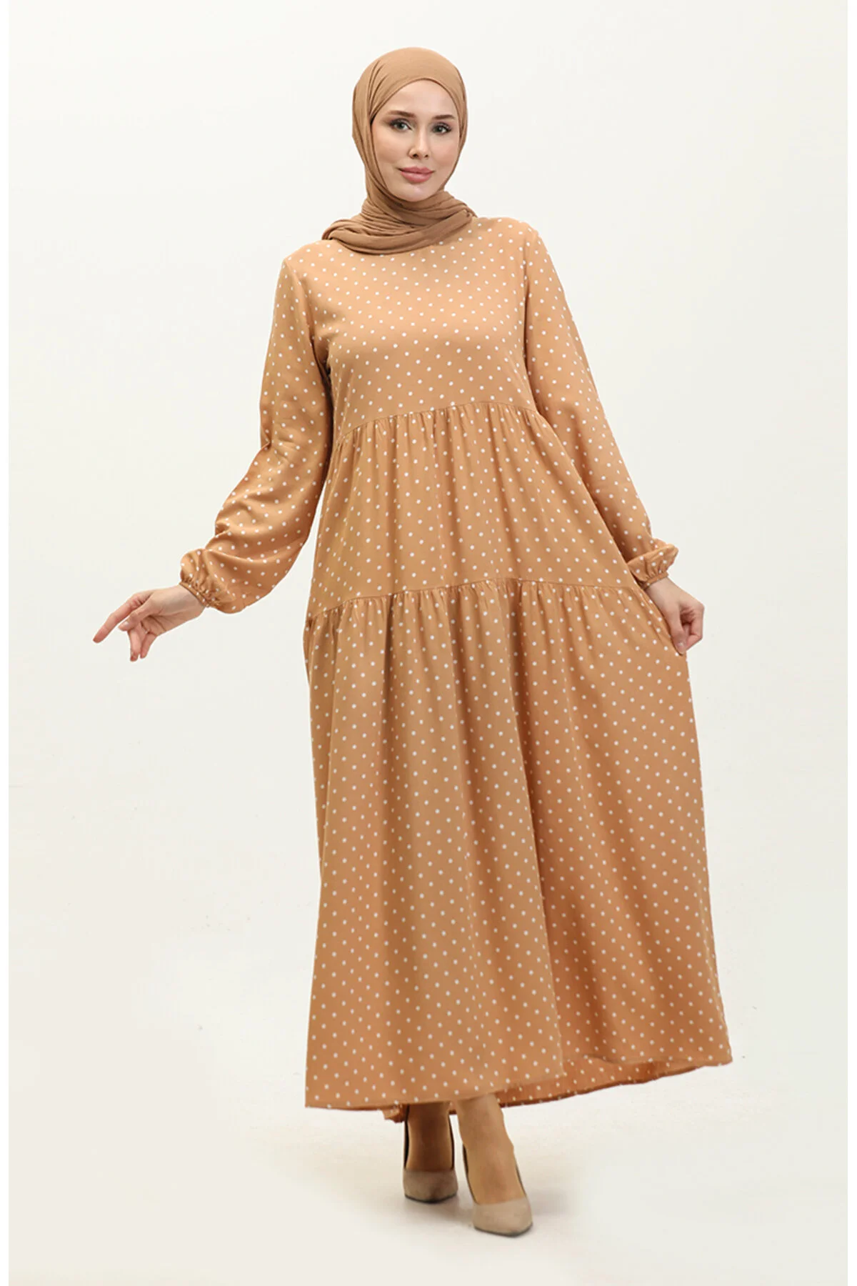 Bild von sefamerve 1997-02 Senfgelbes, Cremefarbenes, Gepunktetes Kleid für Damen - 40