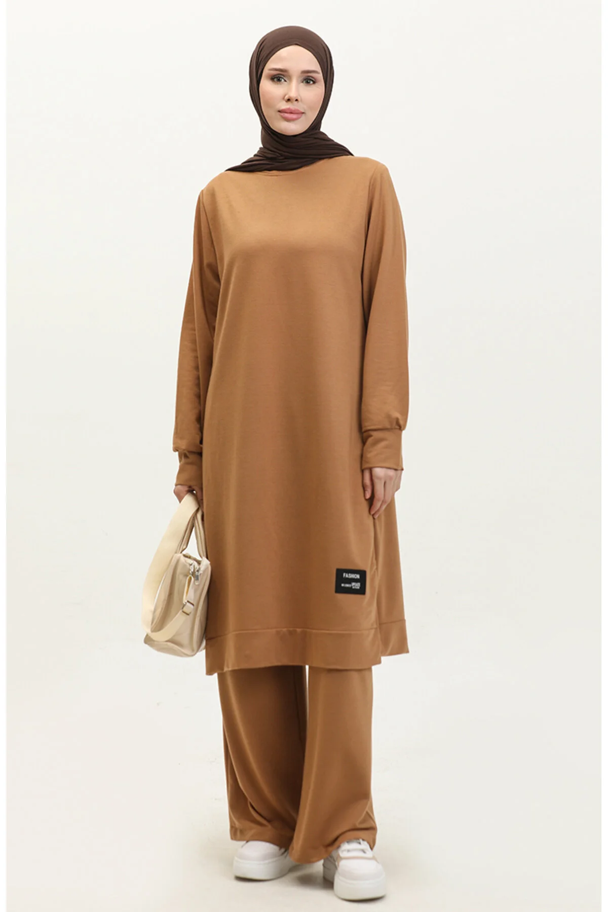 Bild von sefamerve Set Aus Tunika Und Hose Mit Zwei Saiten In Milchbraun – 0044-23 für Damen - 38-40