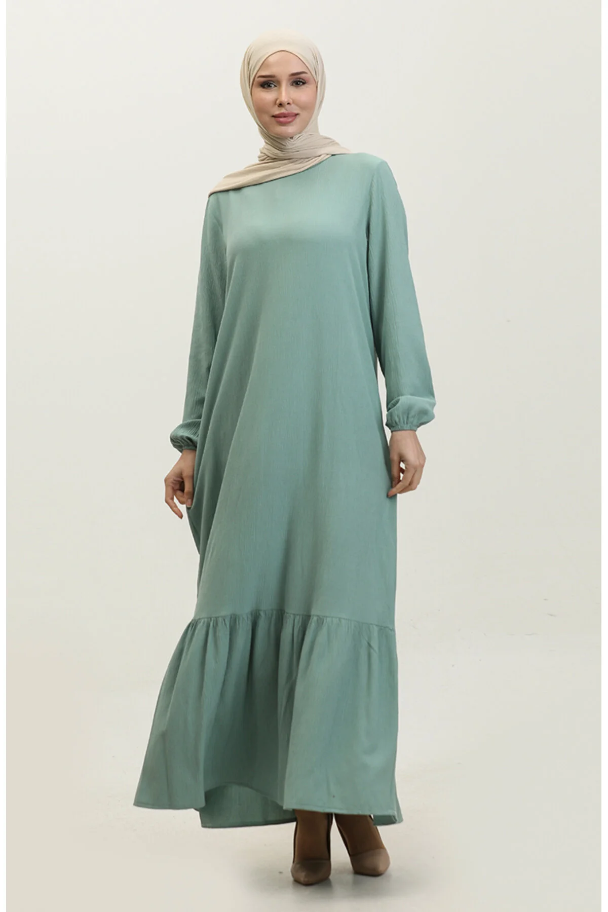 Bild von sefamerve Mintgrünes, Gerafftes Kleid Mit Gerafftem Saum – 2088-01 für Damen - 38-40