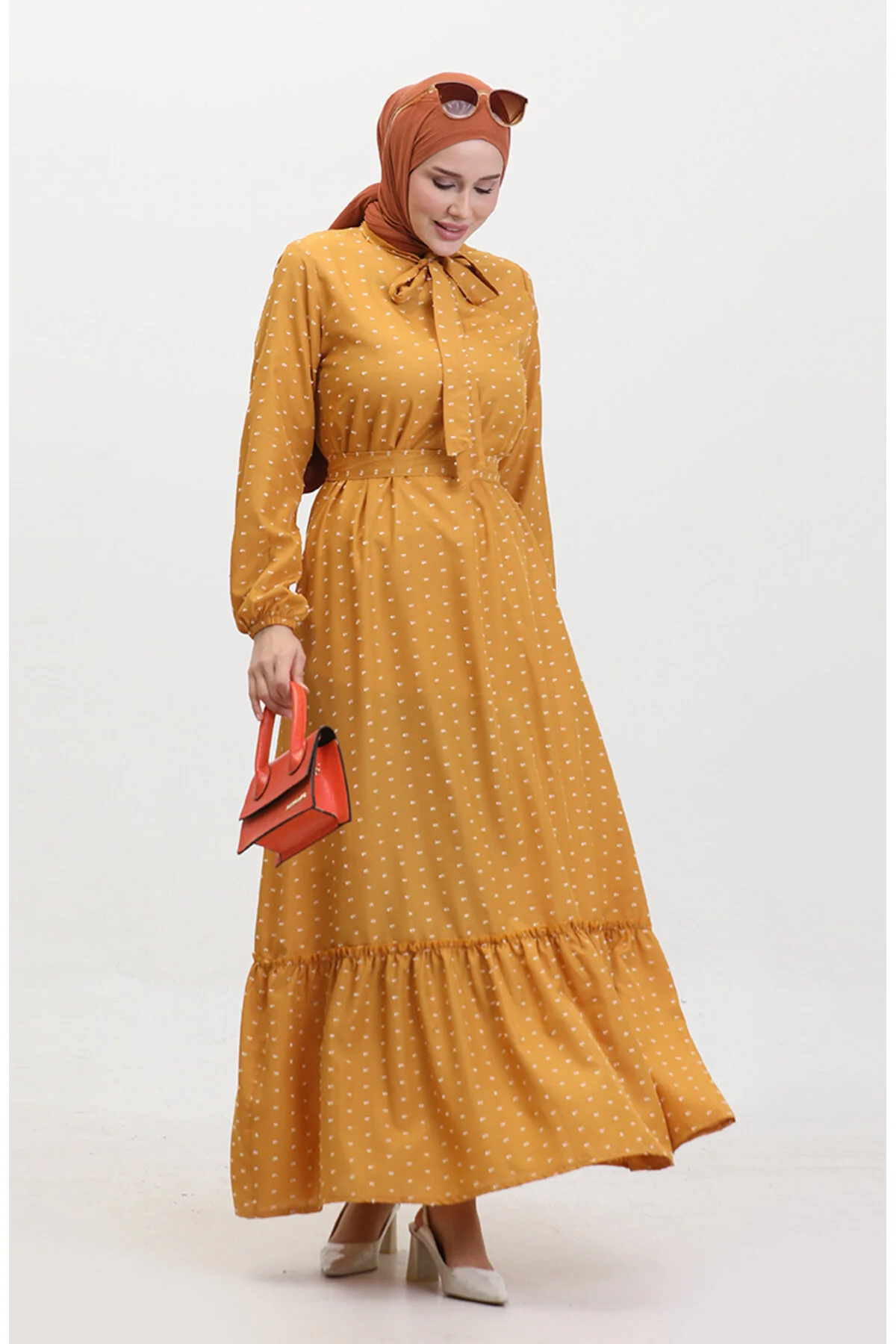 Bild von sefamerve Senffarbenes Kleid Mit Druckknopfmuster Und Schärpe – 0383-04 für Damen - 46-48
