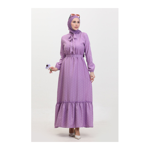 Bild von Sefamerve Fliederfarbenes Kleid mit Schärpe und Druckknopfmuster – 0383-05 für Damen