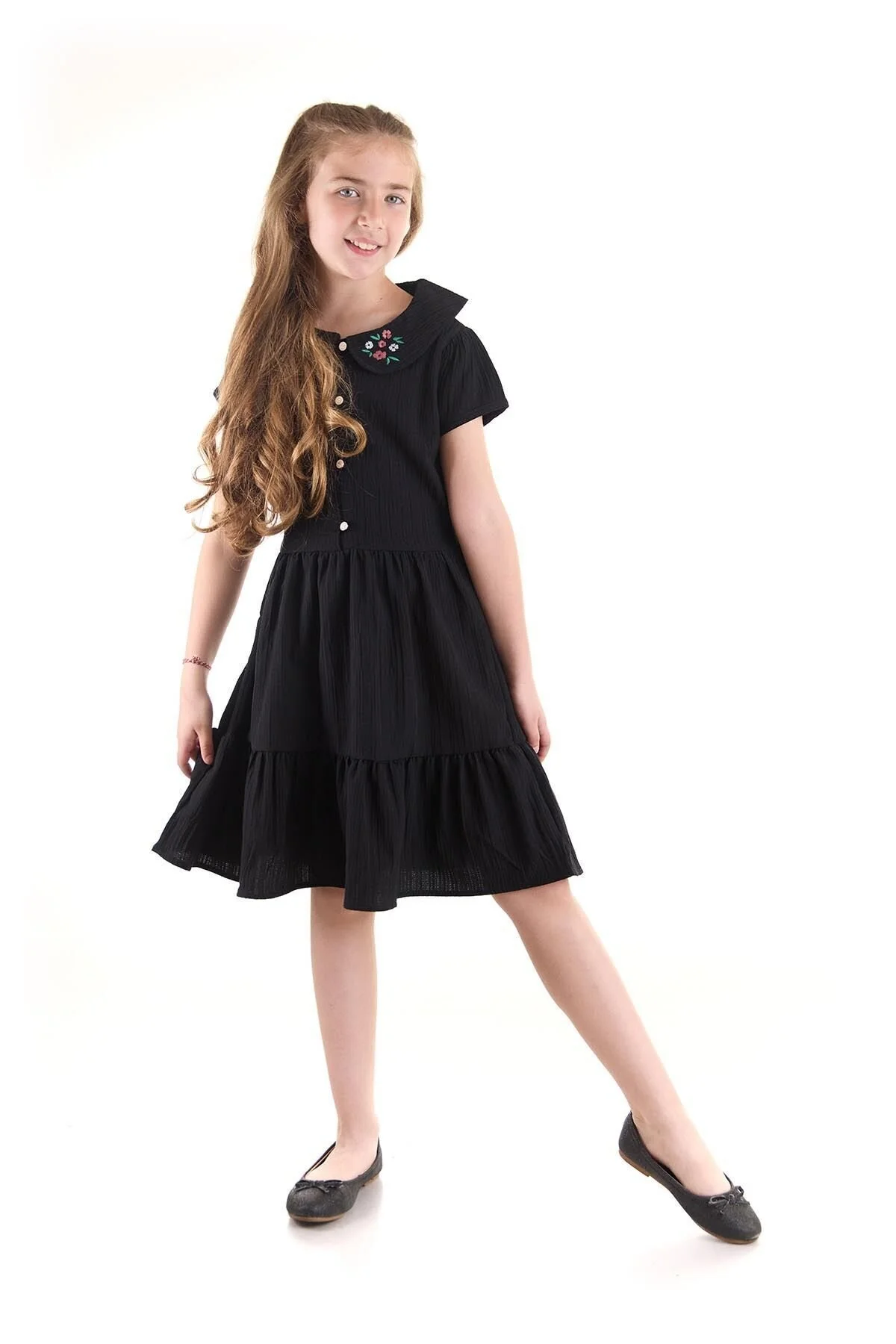 Bild von AHENGİM Besticktes Kleid Für Mädchen – Geknöpfter Kragen, Baumwolle Ak2523 für Damen - 10 Jahre