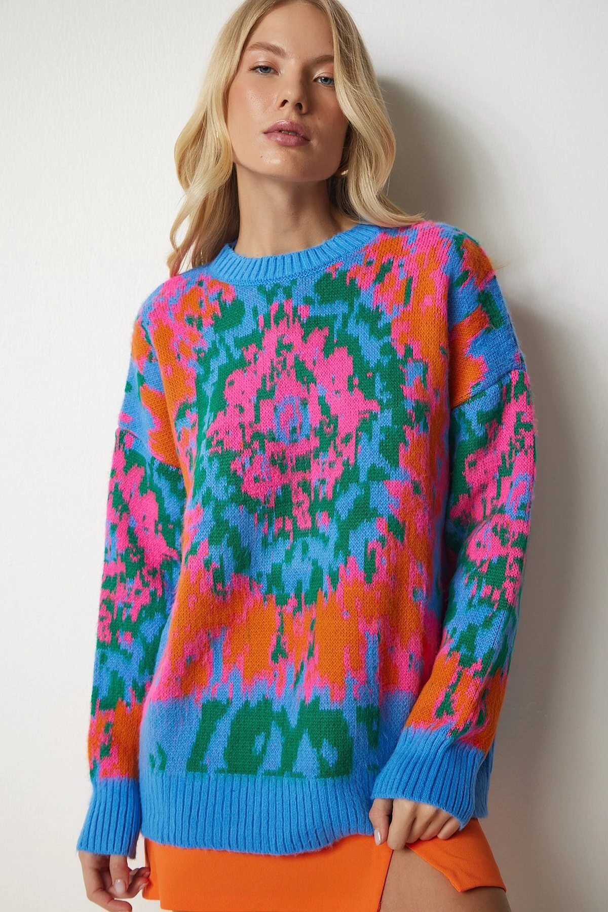 Bild von Happiness İstanbul Himmelblauer, Orange Gemusterter Strickpullover für Damen - Standard