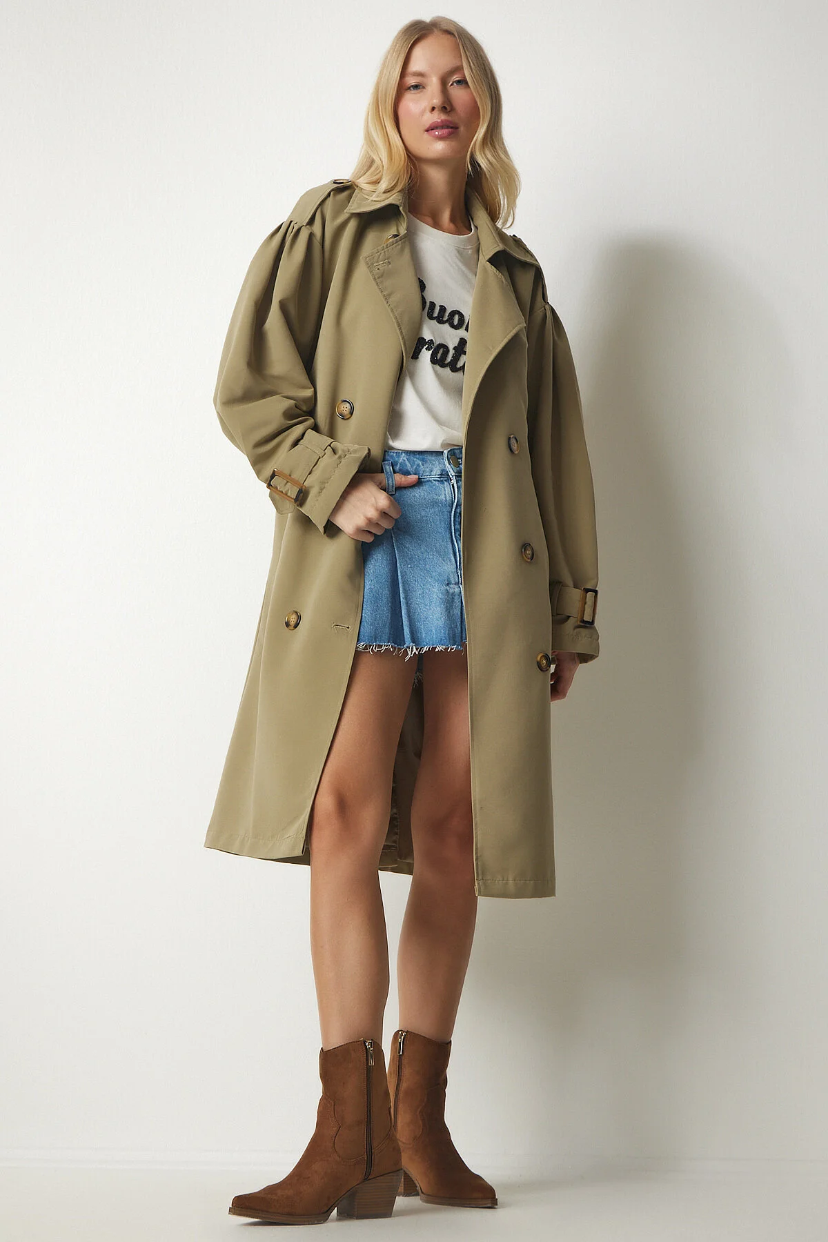 Bild von Happiness İstanbul Trenchcoat Dunkelblau Zweireihig für Damen - 40