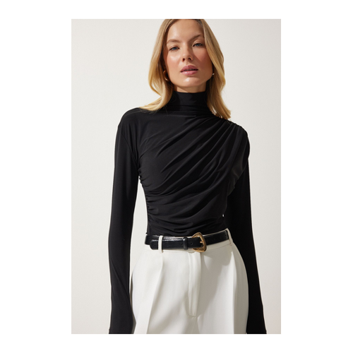 Bild von Happiness İstanbul Schwarze, Geraffte Sandy-Bluse für Damen