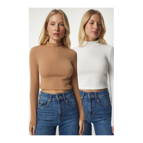 Bild von Happiness İstanbul Gerippte Camisole-Bluse mit Hochkragen im 2er-Pack - weiß