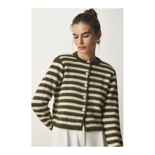 Bild von Happiness İstanbul Khakifarbene Strickjacke mit Streifen und Metallknöpfen für Damen