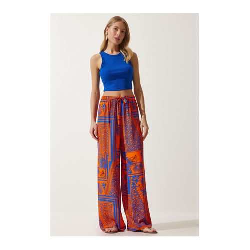 Bild von Happiness İstanbul Orange Gemusterte Palazzo-Hose für Damen