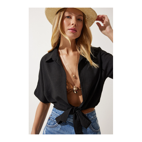 Bild von Happiness İstanbul Schwarze Leinenbluse Mit Schnürdetail für Damen - 40