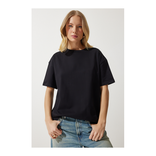 Bild von Happiness İstanbul Schwarzes Lockeres Basic-T-Shirt Aus Baumwolle für Damen - 38