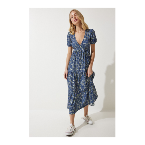 Bild von Happiness İstanbul Marineblaues, Gemustertes Sommer-Strickkleid für Damen - 36