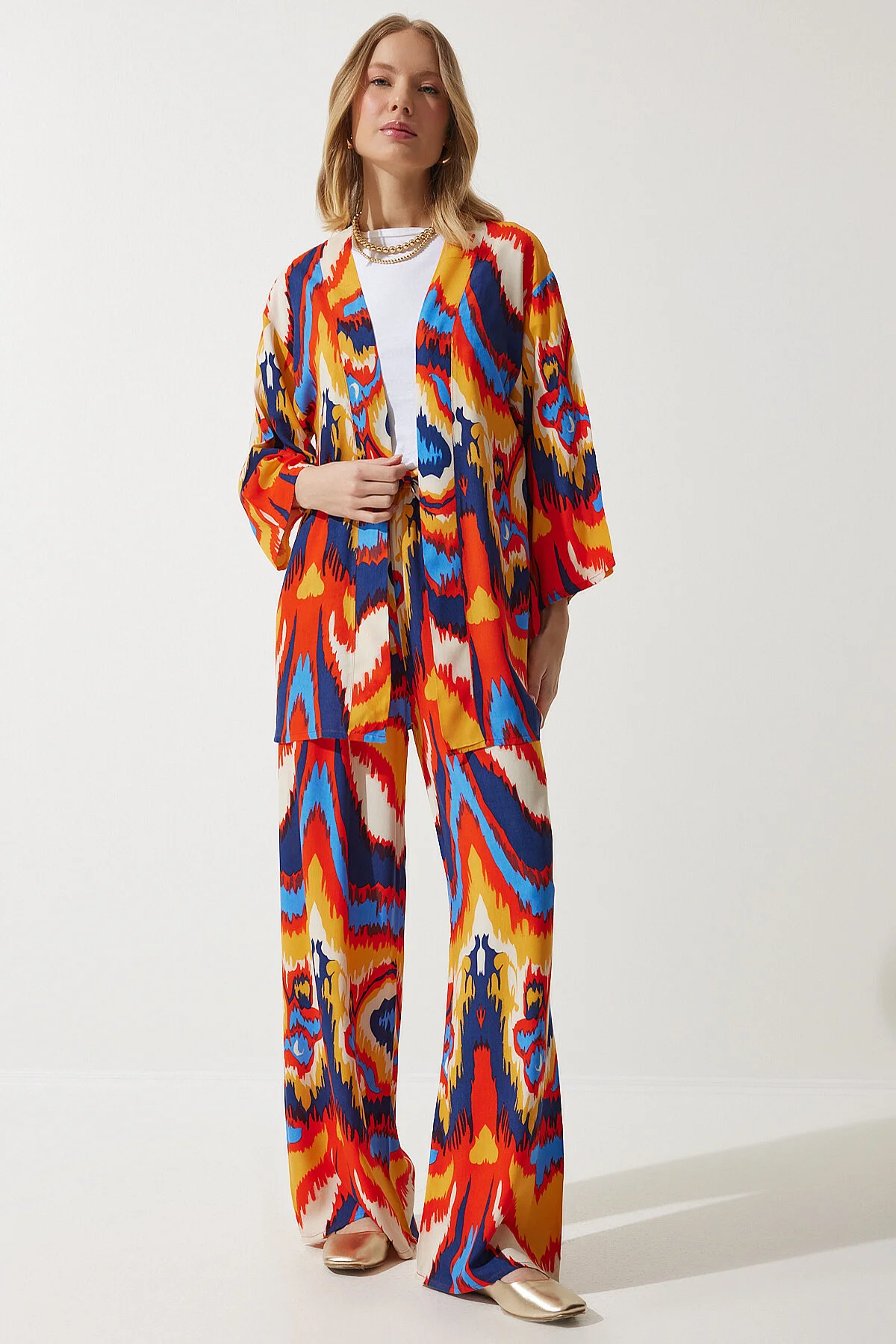 Bild von Happiness İstanbul Orange Gemustertes Kimono-palazzo-hosen-set für Damen - 40