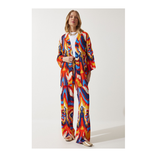 Bild von Happiness İstanbul Orange Gemustertes Kimono-Palazzo-Hosen-Set für Damen
