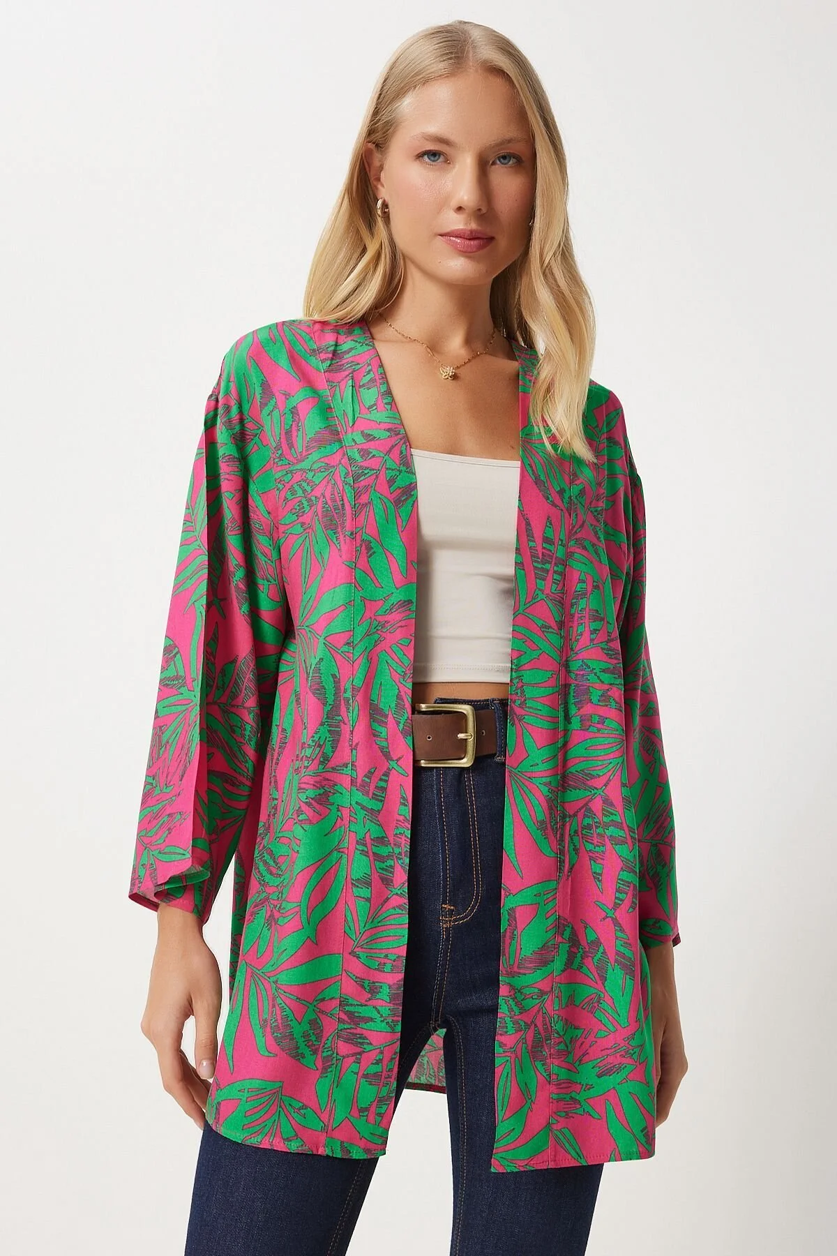 Bild von Happiness İstanbul Rosa-grün Gemusterter Viskose-kimono für Damen - 42