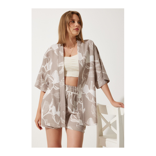Bild von Happiness İstanbul Sommer-Kimono-Shorts aus Rohleinen mit tropischem Muster