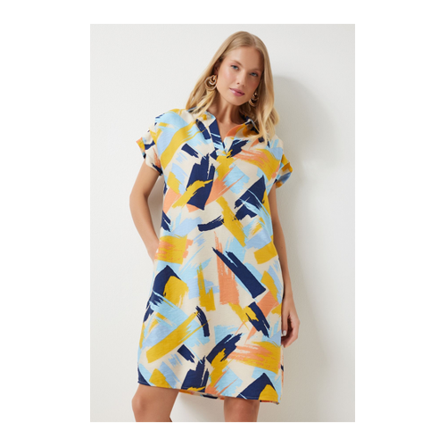Bild von Happiness İstanbul Gelb-blaues Gemustertes Sommerkleid Mit Polokragen - für Damen - Größe 38