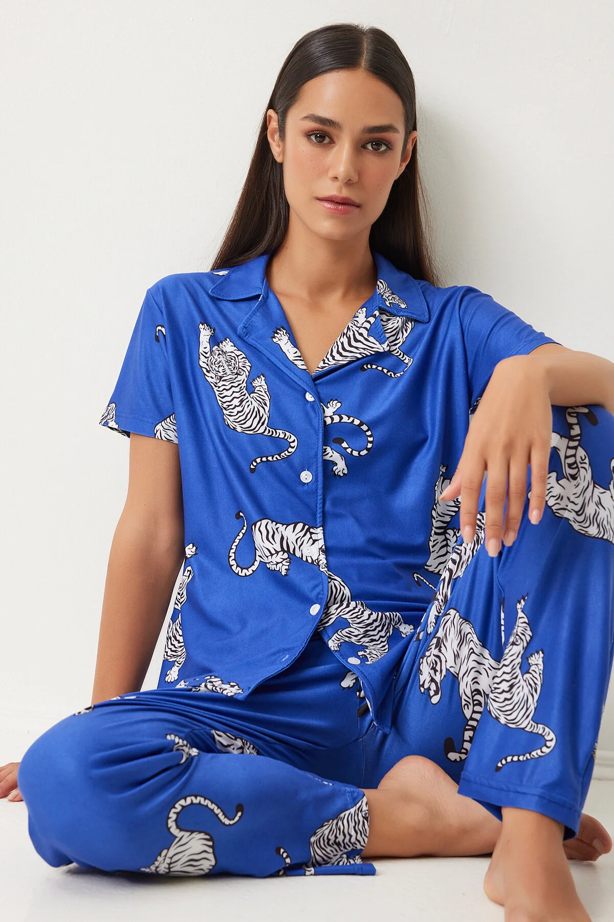 Bild von Happiness İstanbul Dunkelblau Gemustertes Strickpyjama-set – Hemd Und Hose für Damen - 38