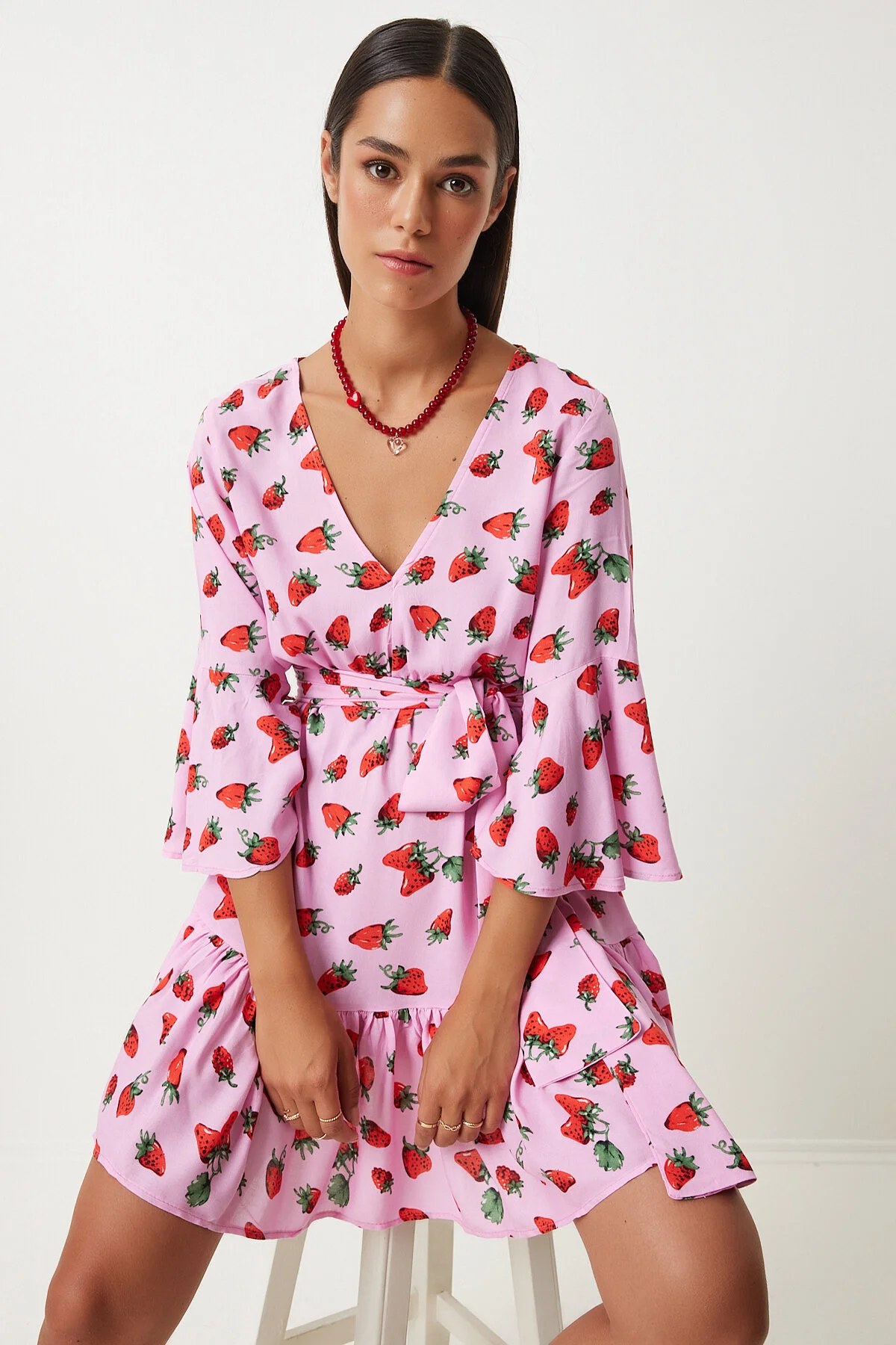 Bild von Happiness İstanbul Rot-rosa Ausgestelltes Kleid Aus Viskose Sommer für Damen - 40