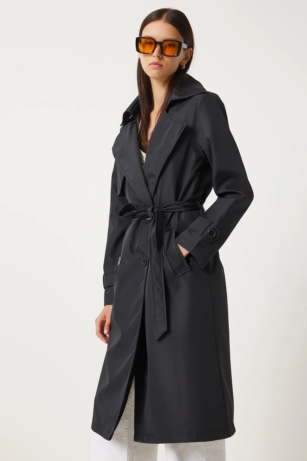 Bild von Happiness İstanbul Schwarzer Langer Trenchcoat Fließend, für Damen - 42