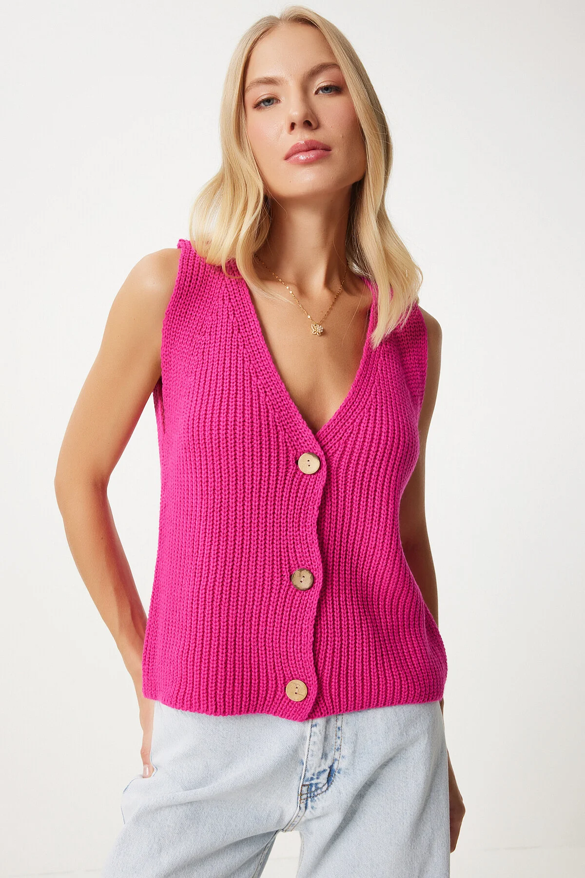 Bild von Happiness İstanbul Rosa Strickweste Mit V-ausschnitt Yy00221 für Damen - S/M