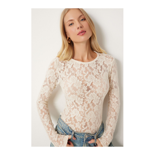 Bild von Happiness İstanbul Cremefarbene Transparente Spitzenbluse Ul00040 für Damen - 36
