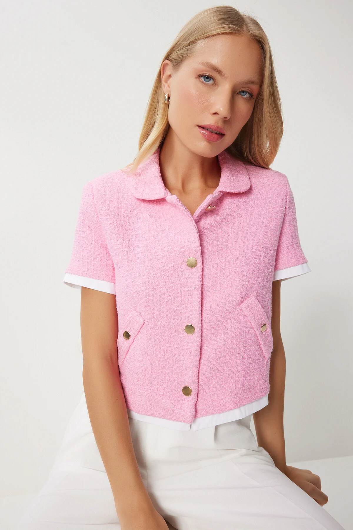 Bild von Happiness İstanbul Rosa Crop-tweed-jacke – Garni Detailliert für Damen - 40