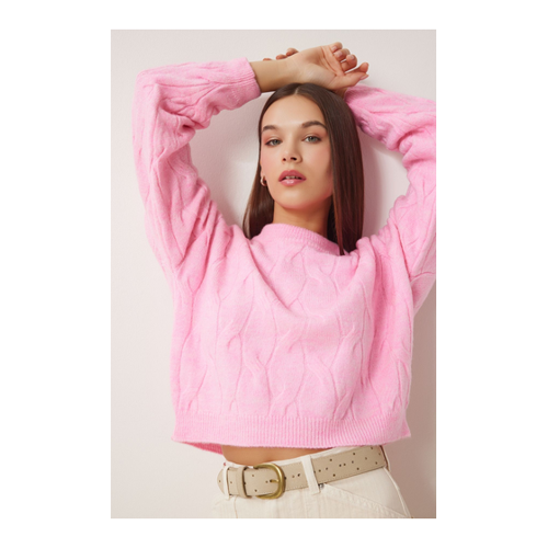 Bild von Happiness İstanbul Rosafarbener Crop-strickpullover – für Damen - One Size