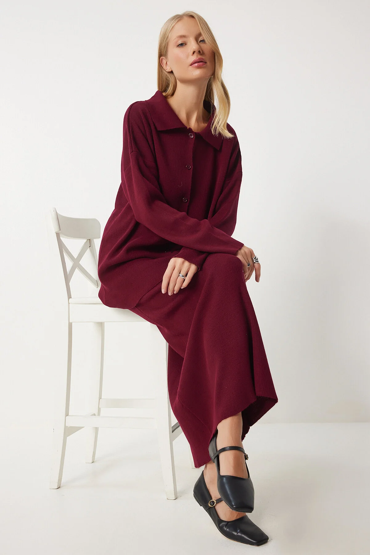 Bild von Happiness İstanbul Weinrotes Strick-cardigan- Und Rock-set Mit Polokragen – für Damen - One Size
