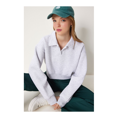 Bild von Happiness İstanbul Graues, Geripptes Crop-strick-sweatshirt Mit Polokragen für Damen - 36