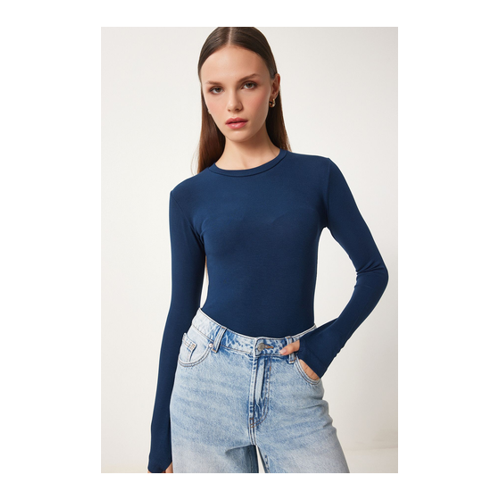 Bild von Happiness İstanbul Marineblaue Basic-Strickbluse mit Rundhalsausschnitt für Damen - Größe 36