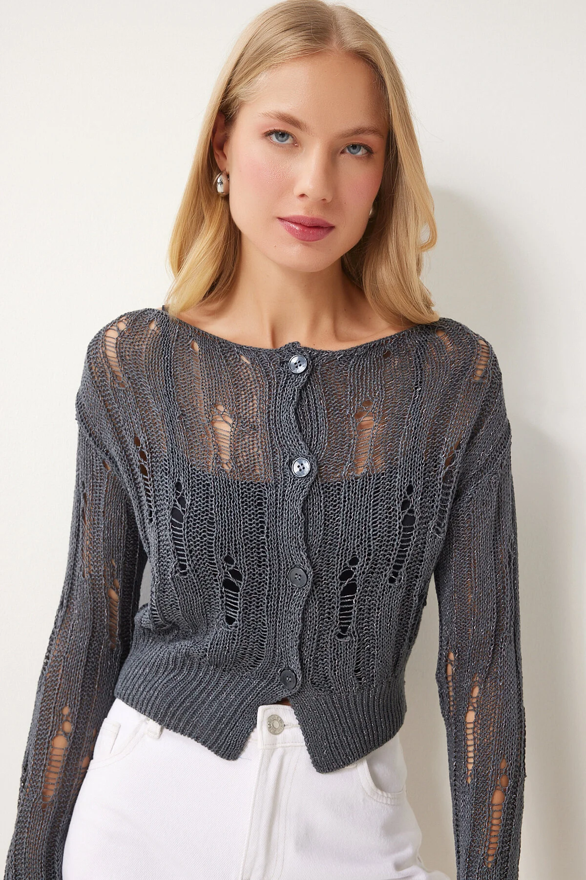 Bild von Happiness İstanbul Geräucherter, Durchbrochener, Saisonaler Strick-cardigan für Damen - 38