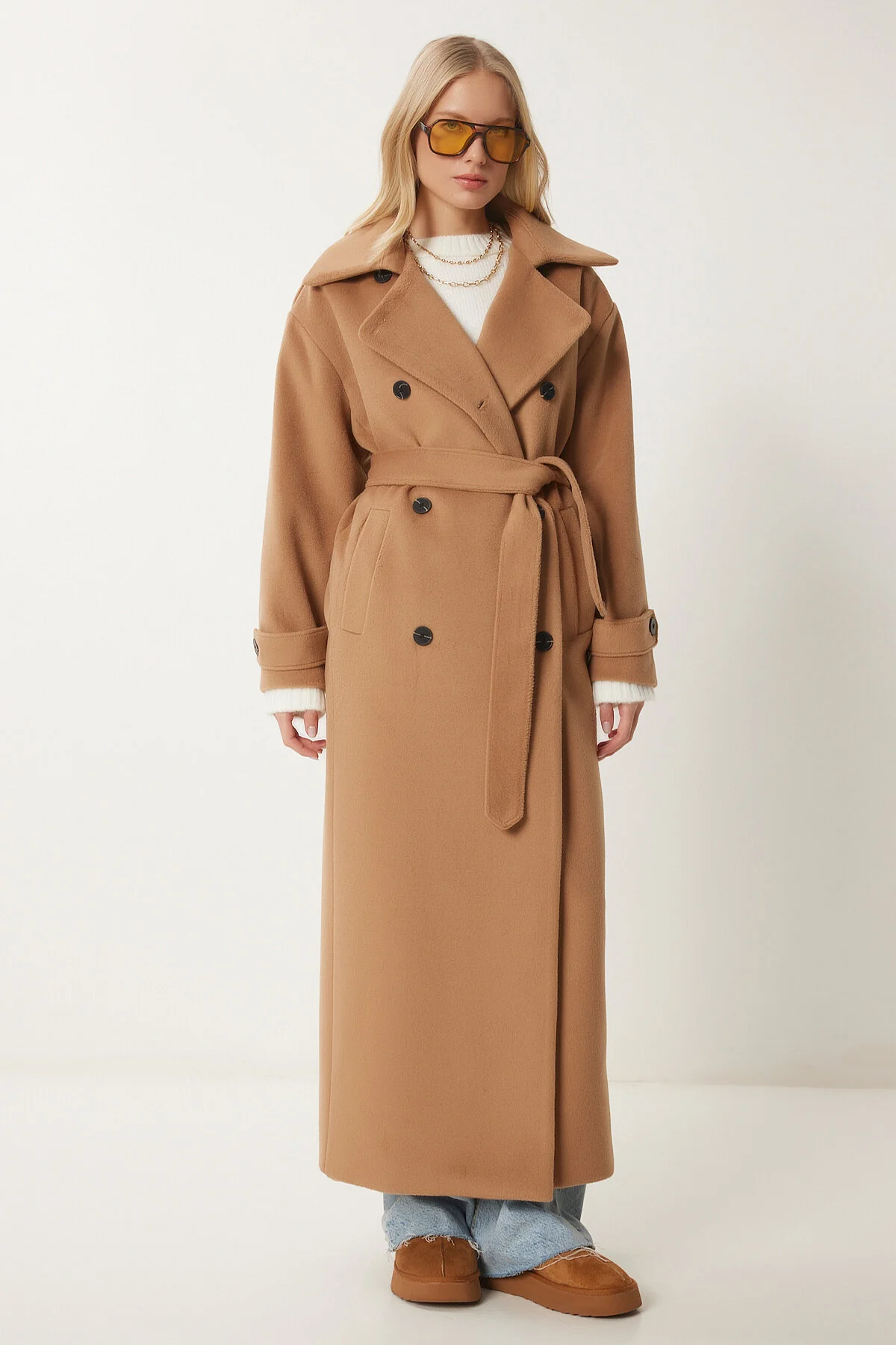 Bild von Happiness İstanbul Biscuit Kaschmirmantel Mit Hemdkragen Und Epaulette – für Damen - 38