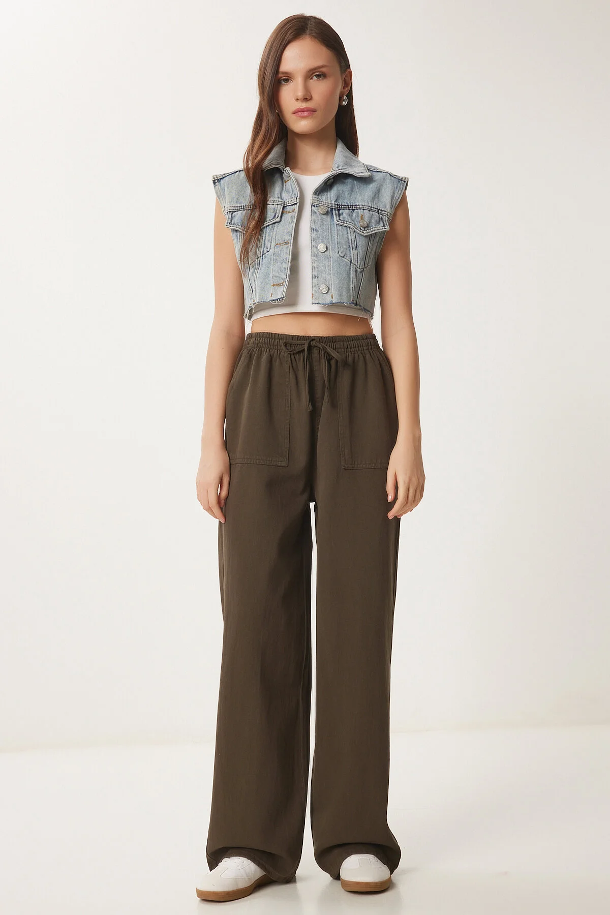 Bild von Happiness İstanbul Dunkelkhakifarbene Denim-palazzo-hose Mit Weitem Bein Und Blassem Effekt für Damen - 36