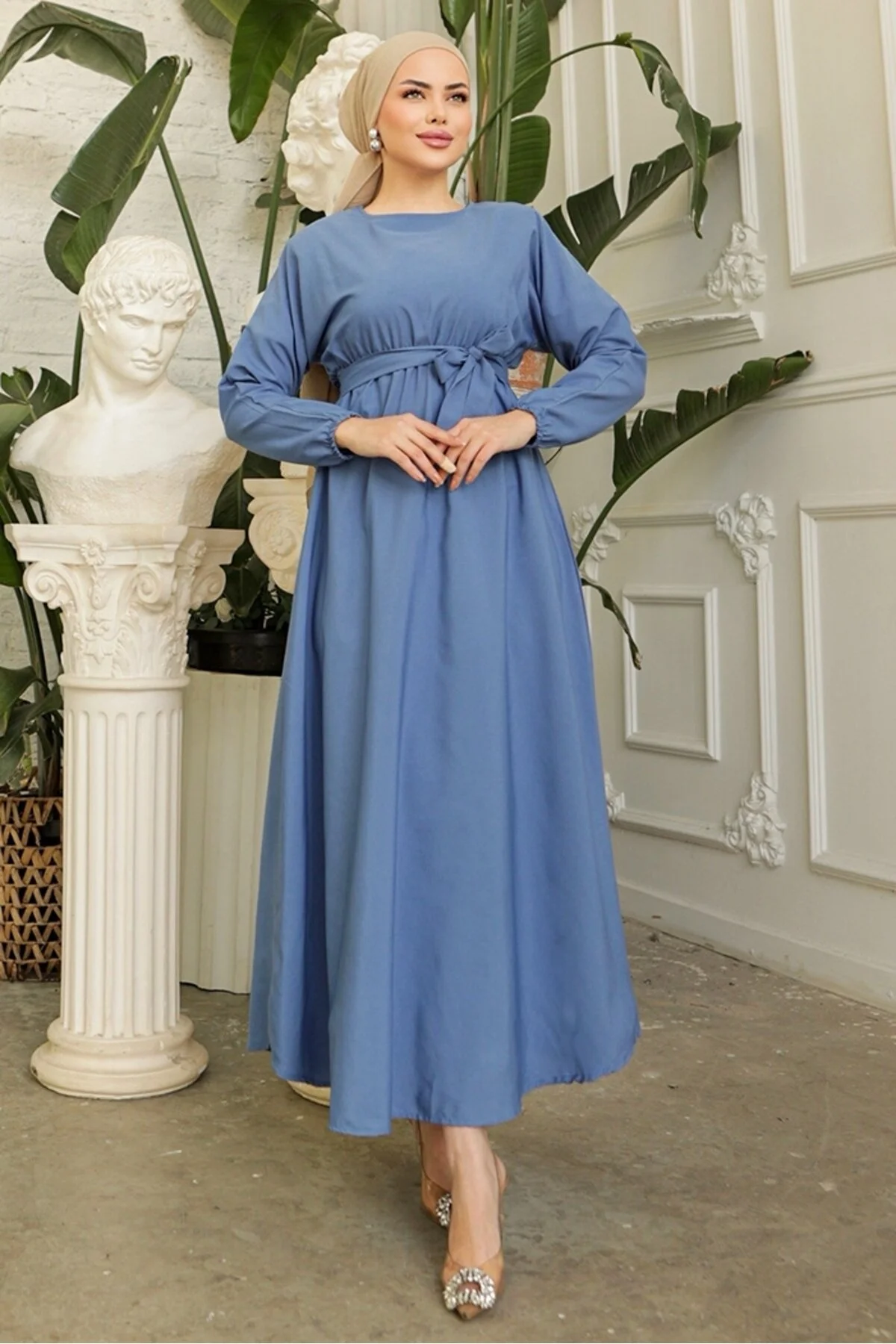 Bild von Bestenur Hijab-kleid Mit Fledermausärmeln, Elastischem Bund Und Dorf-gürtel 228 – Blau für Damen - 40