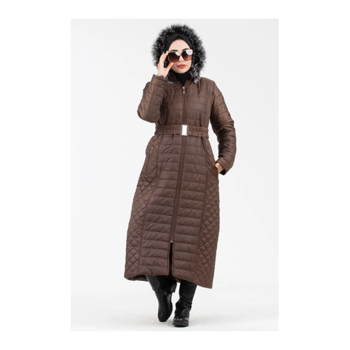 Bild von Stylischer Langer Steppmantel mit Pelzkapuze für Damen