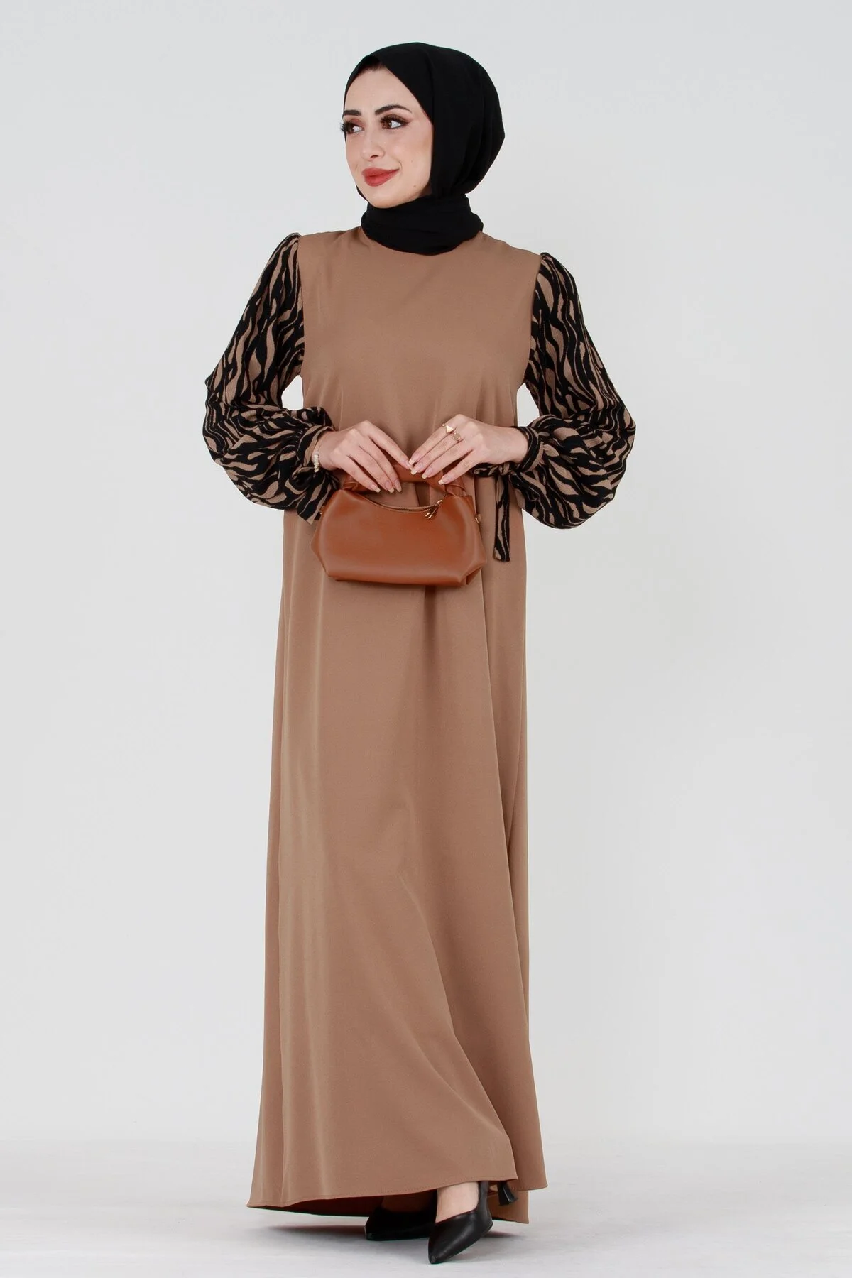 Bild von Sevitli Hijab-kleid Mit Ärmelmuster Nerz für Damen - 46