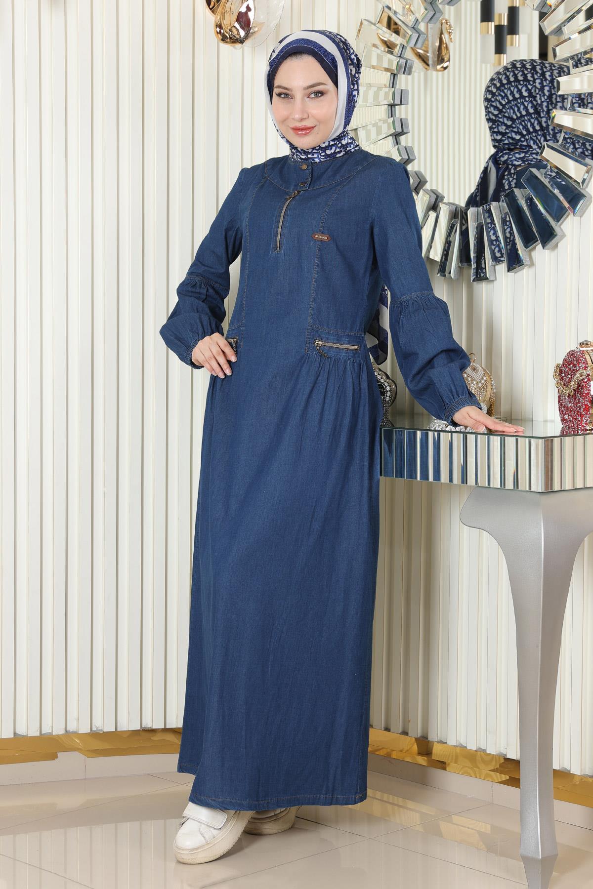 Bild von Modamihram Jeanskleid Mit Reißverschlussdetail Dunkelblau für Damen - 46