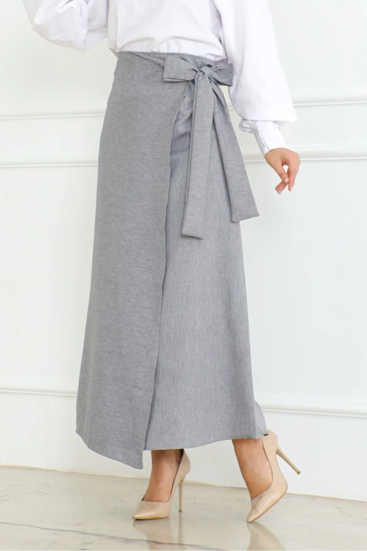 Bild von Bestenur Grauer Leinenrock – Wickelmodell 1085 für Damen - 36