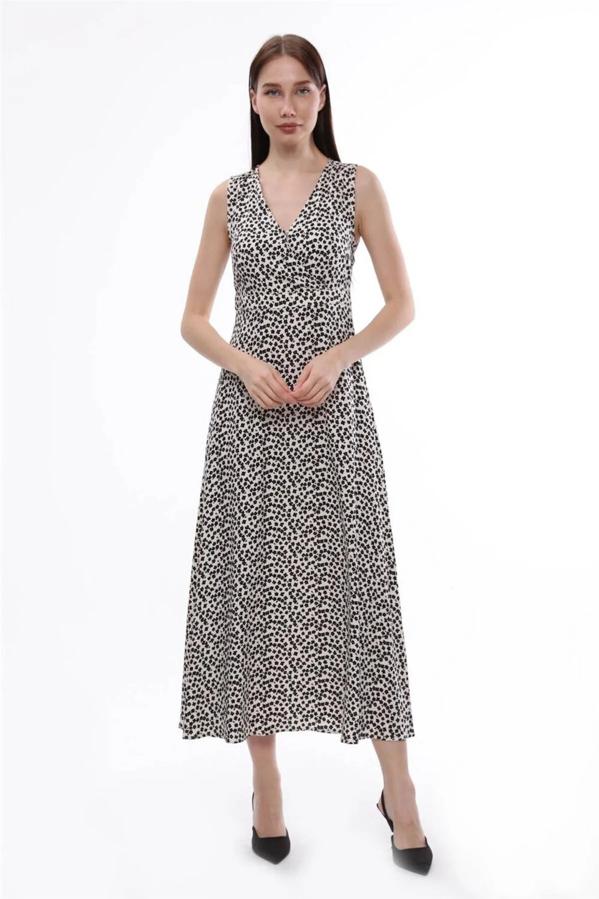 Bild von HomeStore Kleid Mit Wickelkragen, Einzelnem Druckknopf, Ärmellos, Mit Kleeblattmuster, Lang – Weiß für Damen - 36