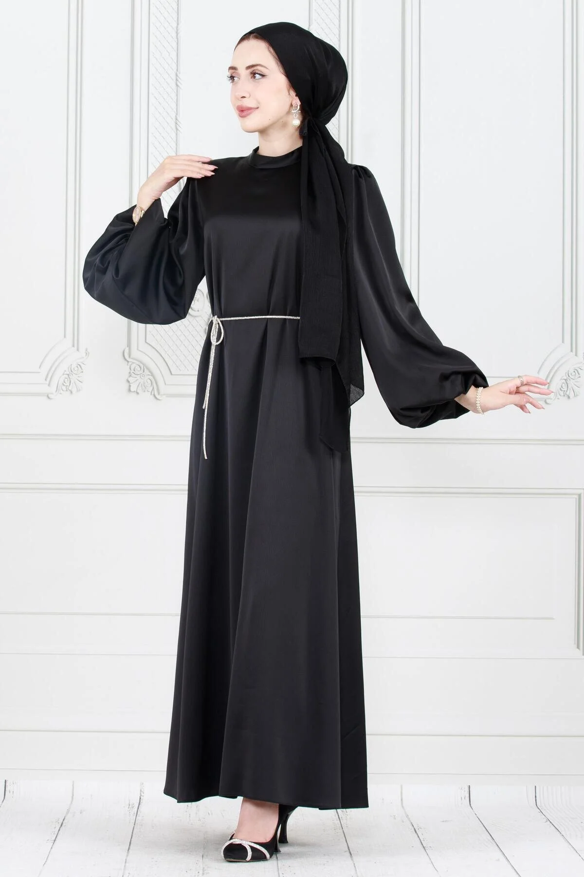 Bild von Sevitli Stone Detail Ece Evening Dress With Balloon Sleeves Vizon für Damen - 38