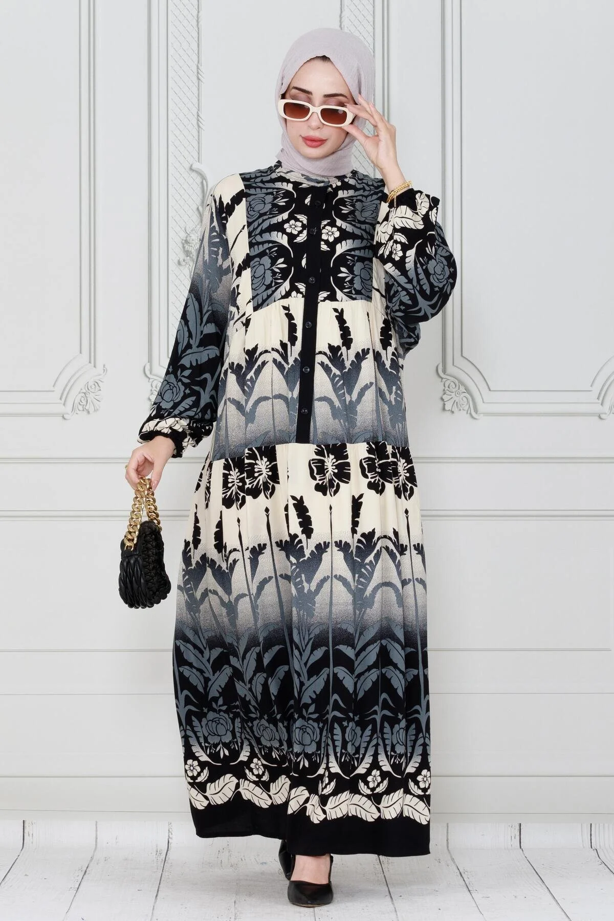 Bild von Sevitli Leaf Print Viscose Dress-black für Damen - One Size