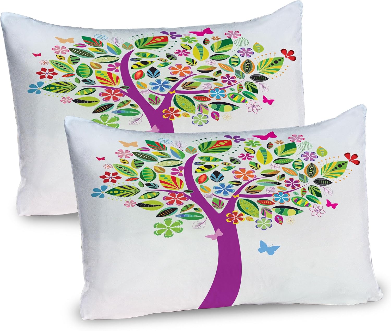 Bild von ABAKUHAUS Baum des Lebens Kissenbezug Packung mit 2, Ornate Vibrant Floral Tree Schmetterlinge Frische Farben Natur Bild Home, Dekorativer Standard Gedruckter Kissenbezug, 80 x 40 cm, Mehrfarbig