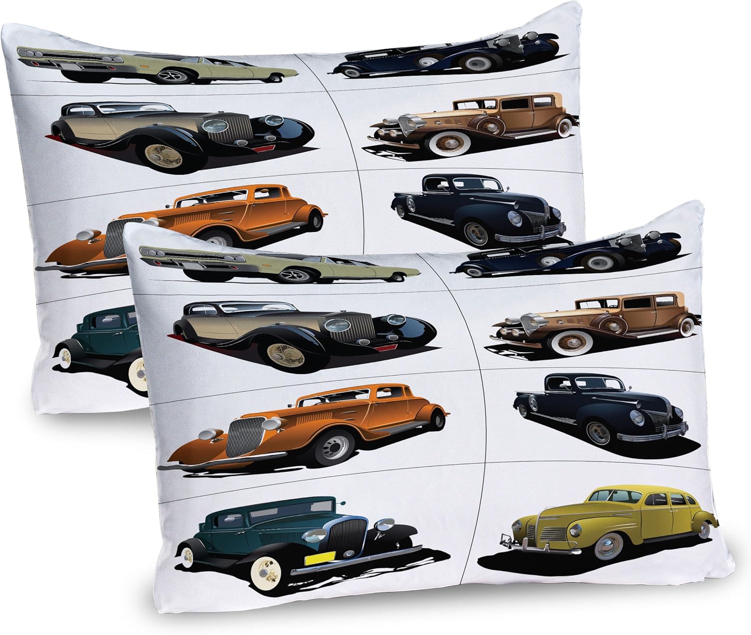 Bild von ABAKUHAUS Autos Kissenbezug Packung mit 2, Vintage Autos Der Fünfziger Jahre Mit Geschlossenen Dach Alte Zeitlose Automobil Grafik, Dekorativer Standard Gedruckter Kissenbezug, 80 x 40 cm, Mehrfarbig